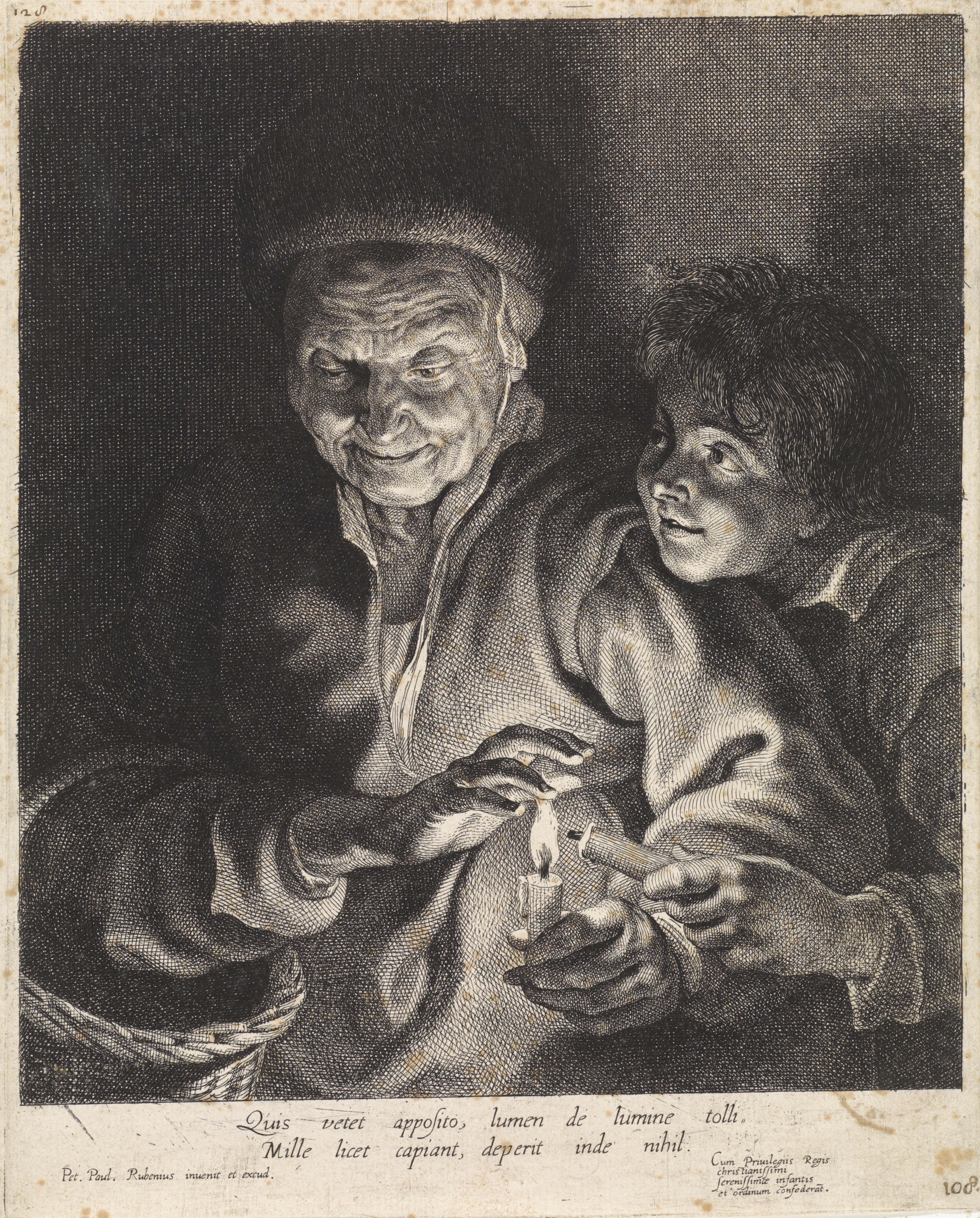 Old woman and a boy with candle by Paulus Pontius, 1620.